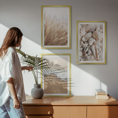 Triptykon billeder med ramme Strandmotiver, skaller, bølger