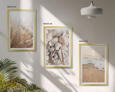 Triptykon billeder med ramme Strandmotiver, skaller, bølger