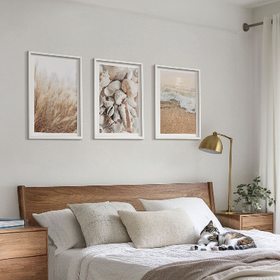 Triptykon billeder med ramme Strandmotiver, skaller, bølger