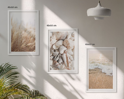 Triptykon billeder med ramme Strandmotiver, skaller, bølger