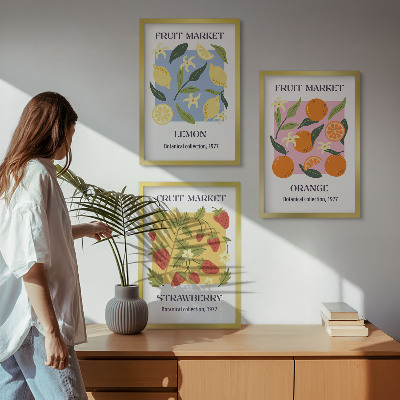Triptykon billeder med ramme Frugtplakater citroner jordbær