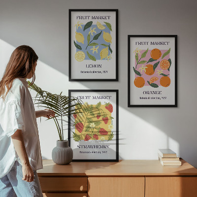 Triptykon billeder med ramme Frugtplakater citroner jordbær