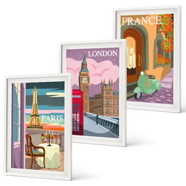 Billedsæt til soveværelset med retro udsigt over Paris og London