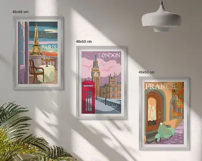 Billedsæt til soveværelset med retro udsigt over Paris og London