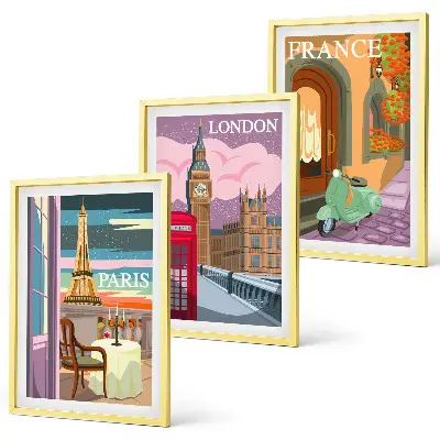 Billedsæt til soveværelset med retro udsigt over Paris og London
