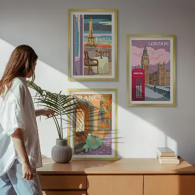 Billedsæt til soveværelset med retro udsigt over Paris og London