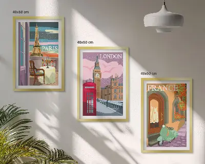 Billedsæt til soveværelset med retro udsigt over Paris og London