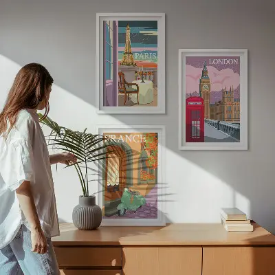Billedsæt til soveværelset med retro udsigt over Paris og London