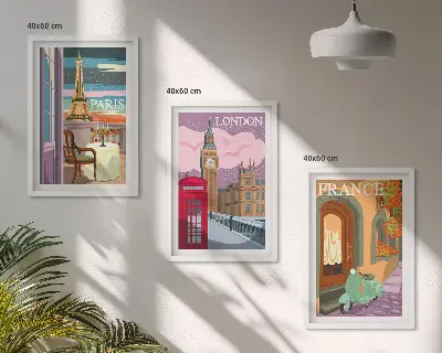 Billedsæt til soveværelset med retro udsigt over Paris og London
