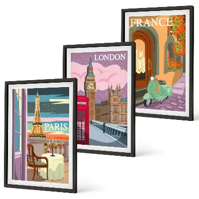 Billedsæt til soveværelset med retro udsigt over Paris og London