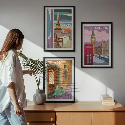 Billedsæt til soveværelset med retro udsigt over Paris og London