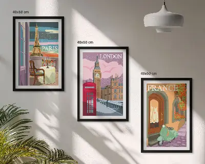 Billedsæt til soveværelset med retro udsigt over Paris og London