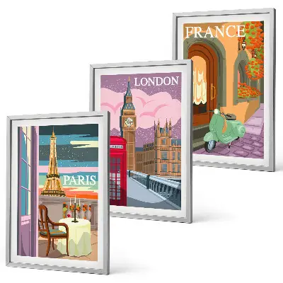 Billedsæt til soveværelset med retro udsigt over Paris og London