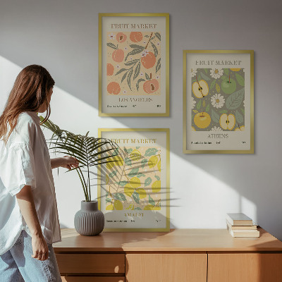 Triptykon billeder med ramme Retro plakater med frugtmønstre