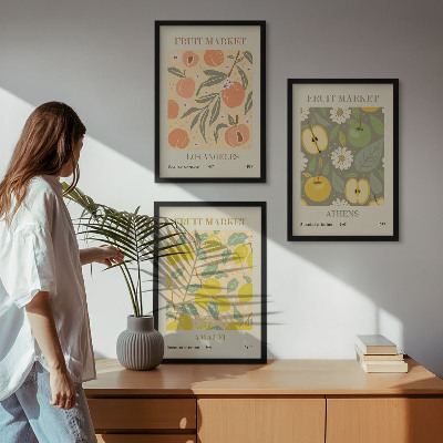 Triptykon billeder med ramme Retro plakater med frugtmønstre