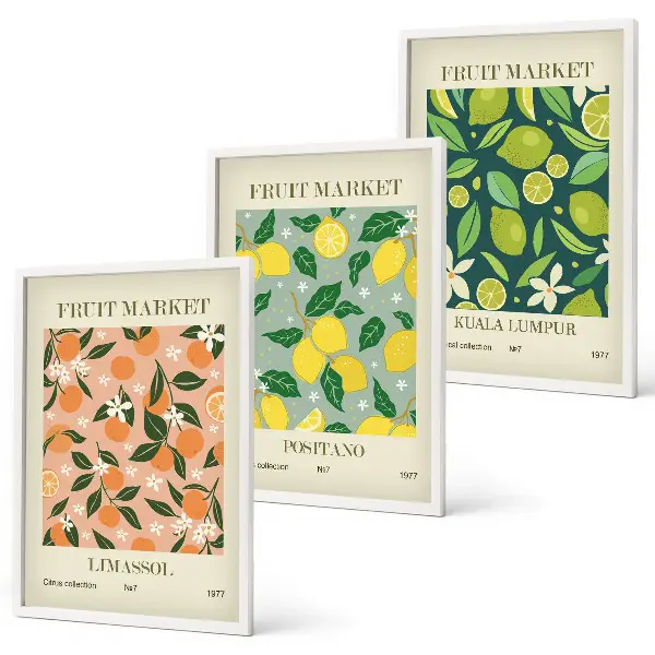 Triptykon billeder med ramme frugt- og citrusblomstmotiver