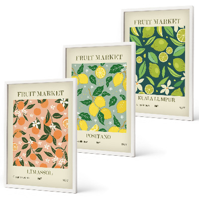 Triptykon billeder med ramme Frugtagtige citrusblomstermønstre