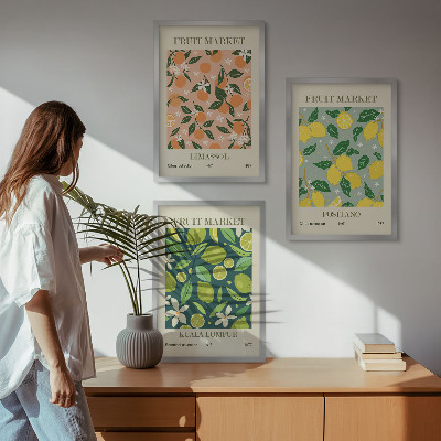 Triptykon billeder med ramme Frugtagtige citrusblomstermønstre