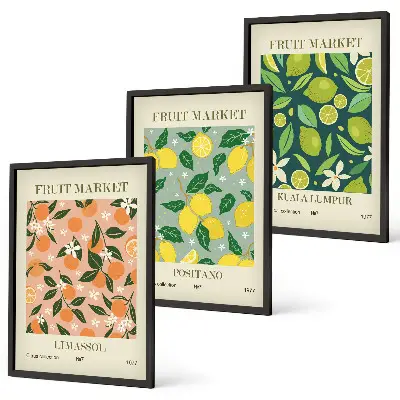 Triptykon billeder med ramme frugt- og citrusblomstmotiver