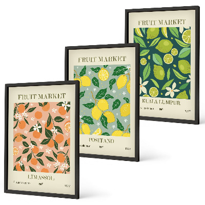 Triptykon billeder med ramme Frugtagtige citrusblomstermønstre