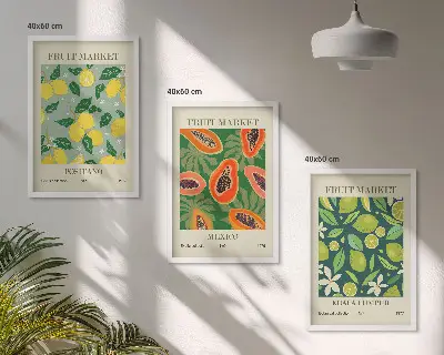 Billedvæg med frugtmotiver med mønstre af citroner og papaya