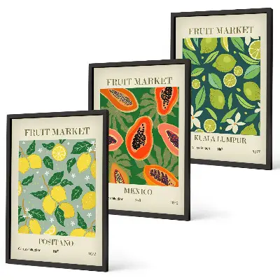 Billedvæg med frugtmotiver med mønstre af citroner og papaya