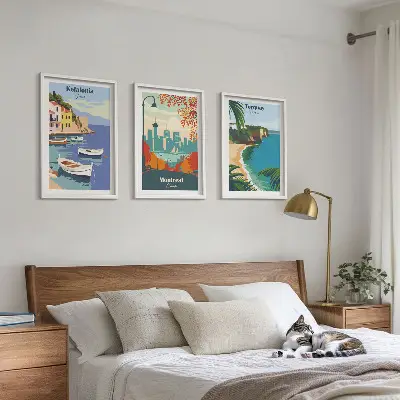 Billedsæt til soveværelset med motiver af bybilleder fra Grækenland, Canada og Australien