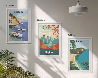 Billedsæt til soveværelset med motiver af bybilleder fra Grækenland, Canada og Australien