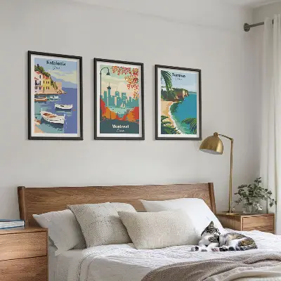 Billedsæt til soveværelset med motiver af bybilleder fra Grækenland, Canada og Australien