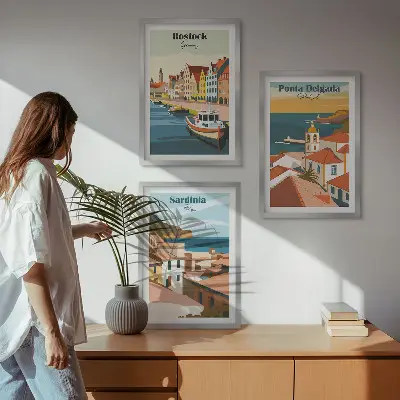 Triptykon med europæisk kystudsigt billeder med ramme
