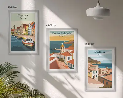 Triptykon med europæisk kystudsigt billeder med ramme