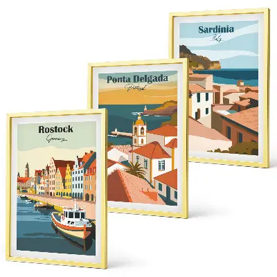 Triptykon med europæisk kystudsigt billeder med ramme