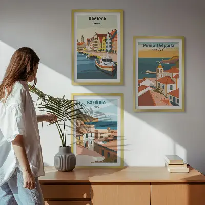 Triptykon med europæisk kystudsigt billeder med ramme