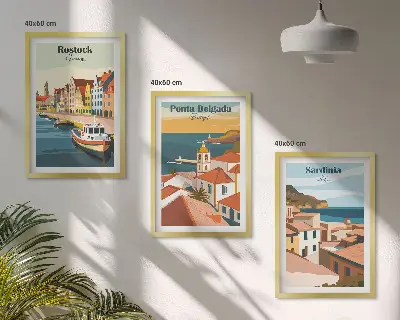 Triptykon med europæisk kystudsigt billeder med ramme