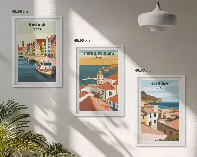 Triptykon med europæisk kystudsigt billeder med ramme
