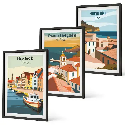 Triptykon med europæisk kystudsigt billeder med ramme