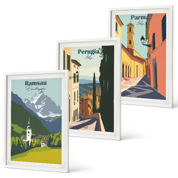 Billedsæt til soveværelset med motiver af bjerglandskaber og Italien