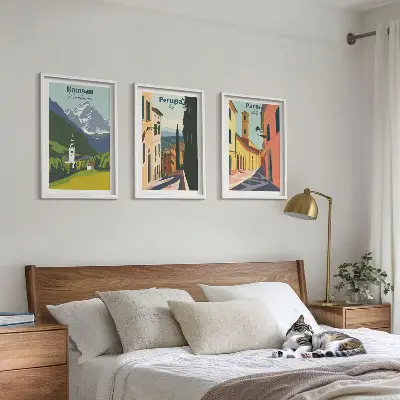 Billedsæt til soveværelset med motiver af bjerglandskaber og Italien