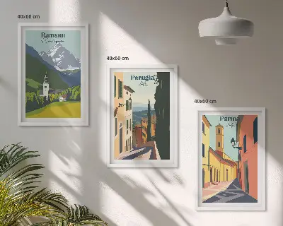 Billedsæt til soveværelset med motiver af bjerglandskaber og Italien