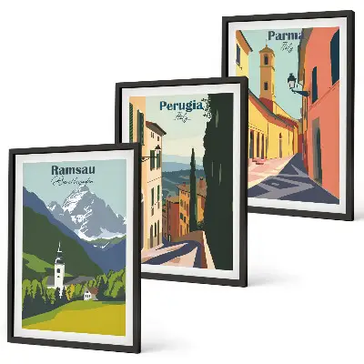 Billedsæt til soveværelset med motiver af bjerglandskaber og Italien