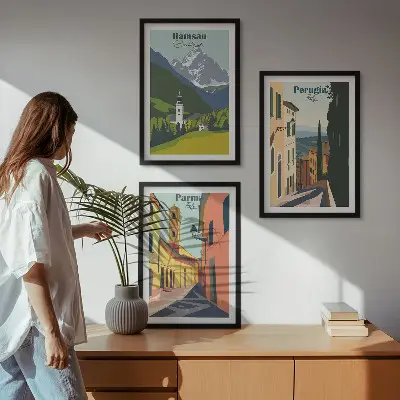Billedsæt til soveværelset med motiver af bjerglandskaber og Italien