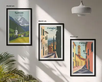 Billedsæt til soveværelset med motiver af bjerglandskaber og Italien