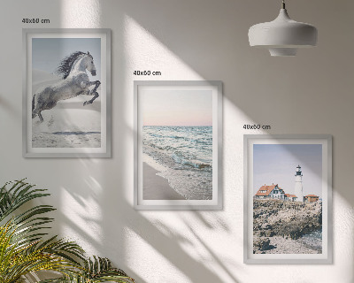 Triptykon billeder med ramme Heste strand fyrtårn bølger