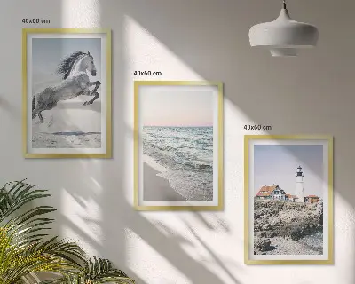 Triptykon med heste ved stranden og fyrtårn billeder med ramme