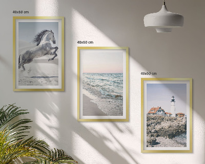 Triptykon billeder med ramme Heste strand fyrtårn bølger