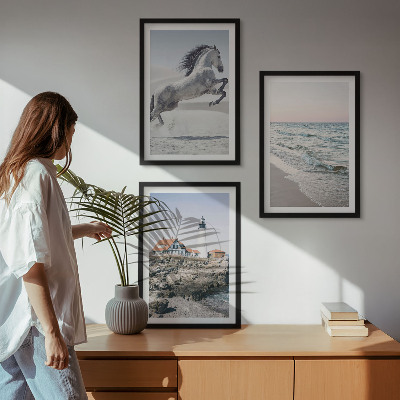 Triptykon billeder med ramme Heste strand fyrtårn bølger
