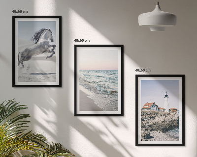 Triptykon billeder med ramme Heste strand fyrtårn bølger