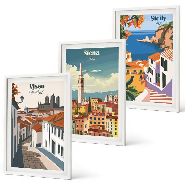 Billedvæg med retro illustrationer motiver af verdens byer