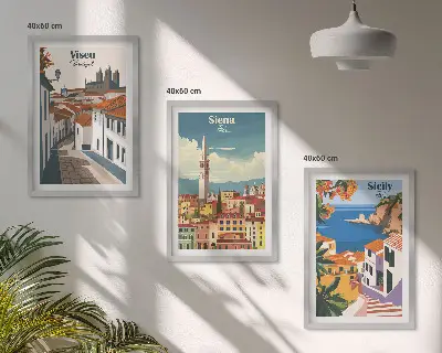 Billedvæg med retro illustrationer motiver af verdens byer