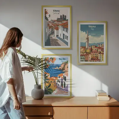 Billedvæg med retro illustrationer motiver af verdens byer